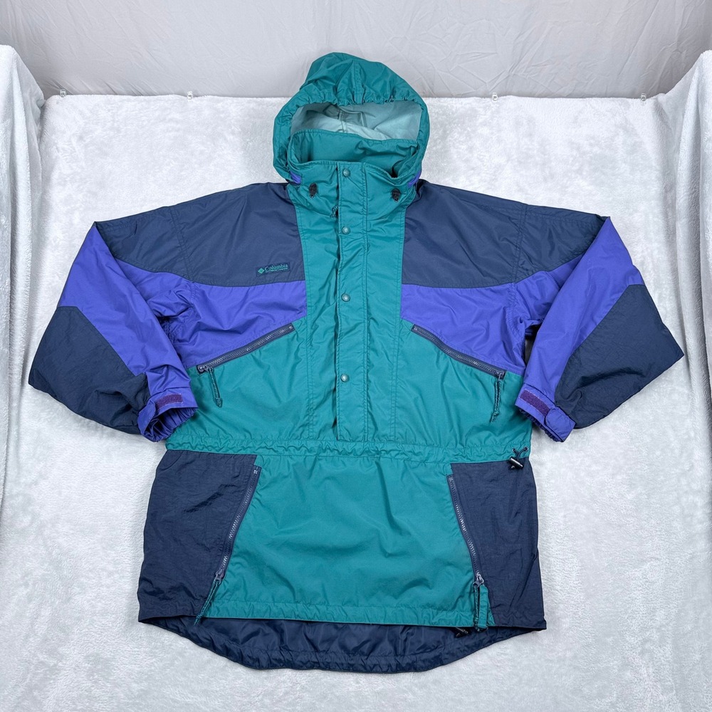Vintage 90s Columbia Anorak Pullover Ski Jacket Mens Large Green Blue Colorblock